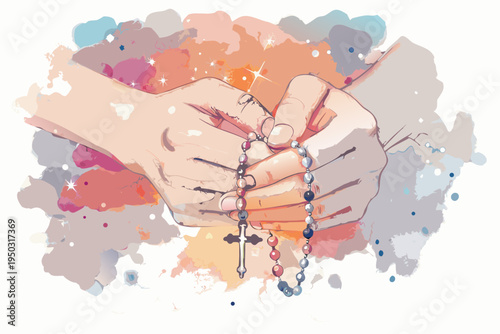 Praying hands delicately hold a rosary against a colorful abstract background