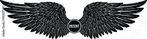 Black Wings with " PATENT" Text in a Circle in the Center feathers bird wings