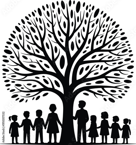 Children holding hands under large tree silhouette unity friendship community childhood togetherness nature illustration concept design