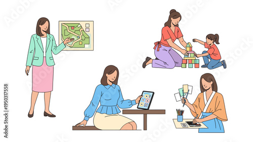 Diverse Activities: A compilation showcases various female figures engaged in activities, depicting multiple roles and interests.