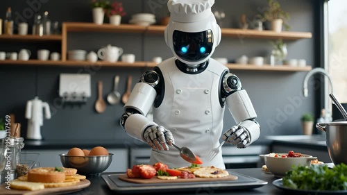 Humanoid Robot Chef Preparing Fresh Ingredients in Modern Kitchen