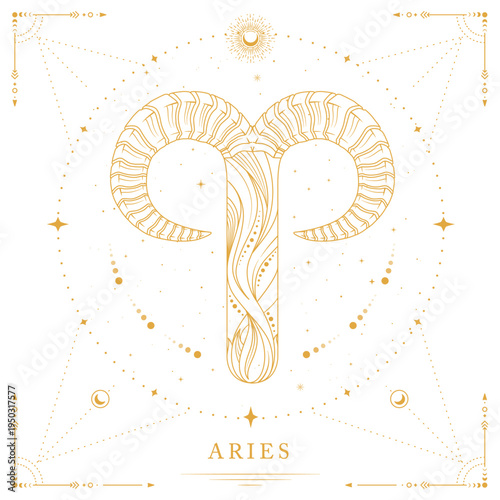 Modern magic witchcraft card with astrology Aries zodiac sign on space background. Line art vector illustration