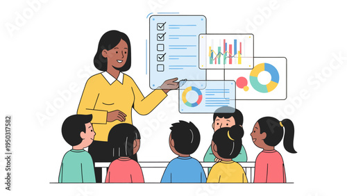 Educator with Students: A dynamic educator leads an engaging lesson, presenting educational data to a group of attentive students. Emphasizing mentorship, inspiration, and collaboration.