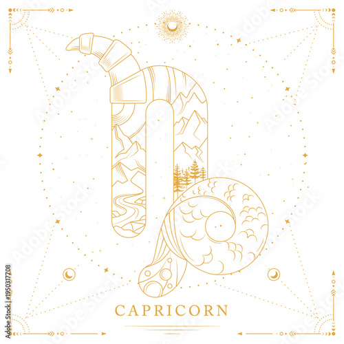 Modern magic witchcraft card with astrology Capricorn zodiac sign on space background. Line art vector illustration