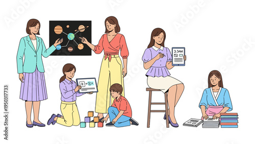 Teacher and Students: A teacher engages with students in various classroom activities, teaching different lessons. 