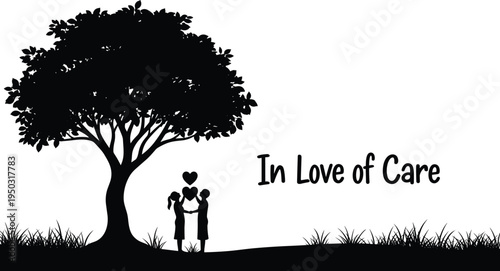 Children holding heart under tree silhouette love care friendship nature family support illustration concept design