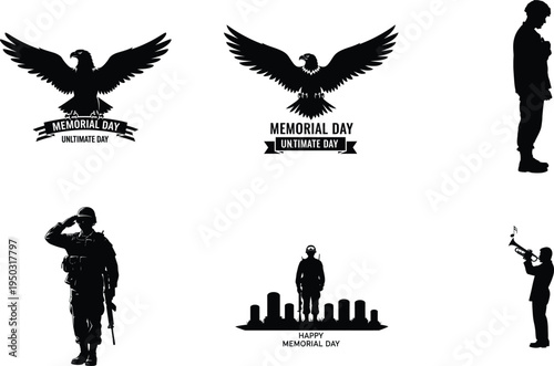 Memorial day tribute with patriotic symbols and military silhouettes