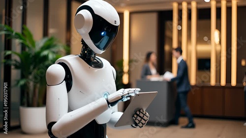 Futuristic Robot Assistant in Modern Office Setting Engaging with Humans