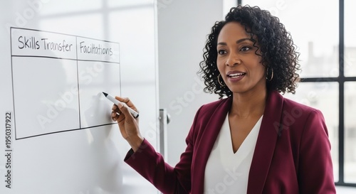 businesswoman presenting strategy on whiteboard in modern office with natural light