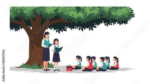 Outdoor Reading Session: A serene educational scene unfolds as a teacher guides a group of attentive children in an outdoor reading session, fostering a love of literature amidst nature's embrace.