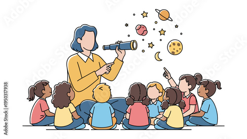 Curious Exploration: A teacher leads a group of children on an astronomical journey. Observing celestial bodies through a telescope, sparking wonder and curiosity.