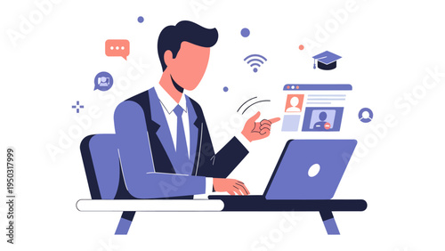 Remote Learning & Networking: An illustration of a professional engaged in remote learning and networking, using a laptop, symbolizing the evolution of education and professional development.