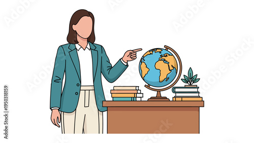Knowledge in the Classroom: An educator stands before a globe, illustrating the interconnectedness of our world, emphasizing the importance of geography and education.