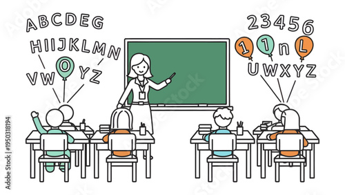 Classroom Dynamics: A teacher leads a vibrant class, fostering a stimulating learning environment where students actively engage with the alphabet and numbers.
