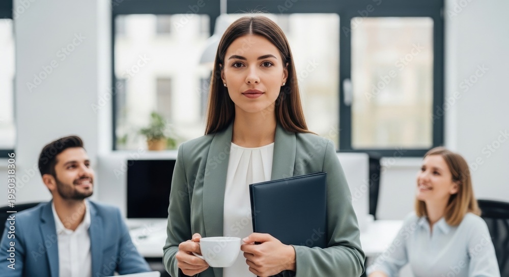 Obraz premium confident business professional in modern office setting holding coffee and portfolio