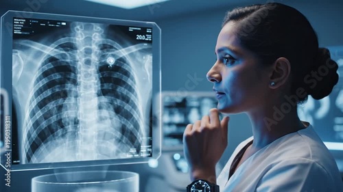Doctor interacts with holographic chest X-ray in futuristic medical lab