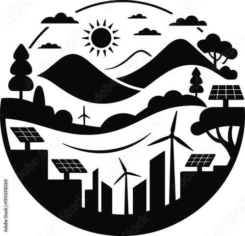 Sustainable city landscape with solar panels wind turbines mountains sun eco environment renewable energy illustration design concept