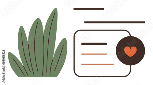 Nature appreciation, eco-friendly living, digital tools, sustainability, balance, wellness. Green leaves beside minimal interface with a heart symbol. Nature appreciation and eco-friendly living