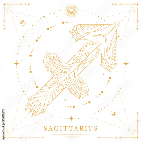 Modern magic witchcraft card with astrology Sagittarius zodiac sign on space background. Line art vector illustration
