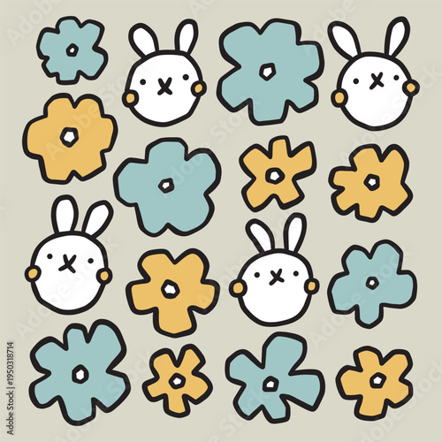A charming vector print featuring minimalist white rabbit faces and chunky, hand-drawn style flowers. The soft palette of muted mustard and dusty blue creates a cozy, modern nursery aesthetic.