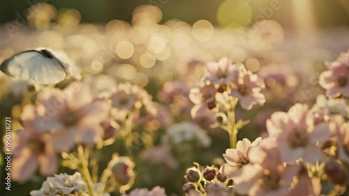 Delicate pink blossoms in sunlit field with warm bokeh light