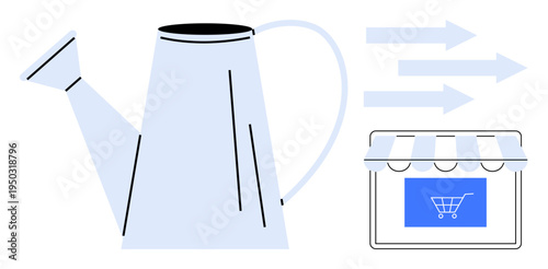 E-commerce, marketing, online retail, resource growth, business innovation, digital progress. A watering can, arrows and an online store icon. E-commerce and resource growth concept