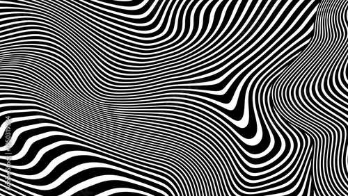 Abstract black and white wavy striped pattern with flowing fluid lines creating a distorted wave effect. Top view graphic design. Modern hypnotic background with an optical illusion vibe