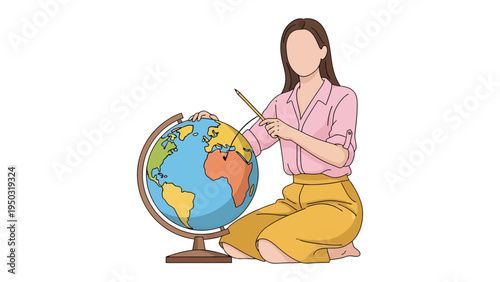 Teacher's Globe Lesson: A teacher indicates the place on the globe for the lesson with learning and knowledge.