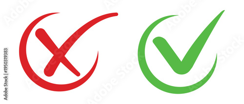 Correct and wrong icon set in green and red colors. Cross check mark icons, Check mark icon with right and wrong buttons. Isolated checkmark symbol vector illustration.