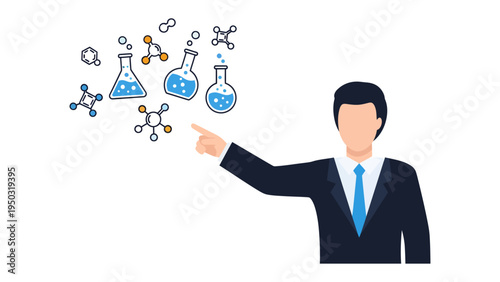 Scientific Insights: A scientist in a professional attire is pointing towards various chemical structures and lab apparatuses, creating an image that is both educational and engaging.
