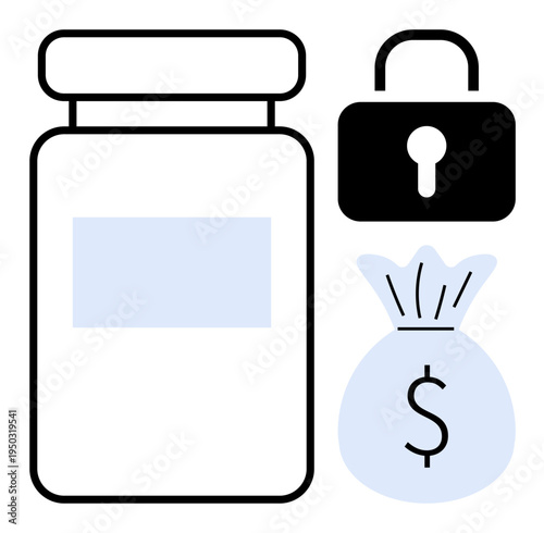 Savings, financial stability, secure investment, budget management, wealth protection, economic planning. Money bag, jar and lock symbols. Financial stability and secure investment concept