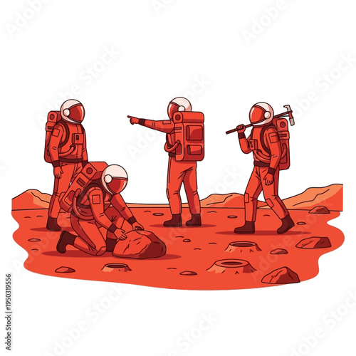 Astronauts exploring Mars surface, collecting samples, pointing, and carrying tools.