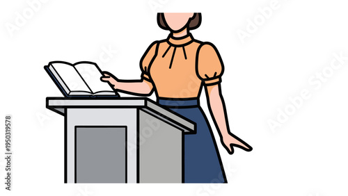 Woman Speaking at Podium: A woman delivers a speech from behind a podium, a book opened before her, poised to connect with the audience. 