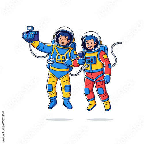 Astronauts taking a selfie in space, exploring the cosmos, futuristic adventure