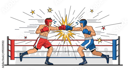 Boxers Punching in Ring, Intense Fight, Knockout Impact, Sports Competition