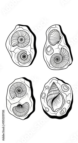 Collection of Fossilized Ammonites and Seashells in Stone