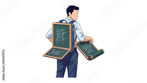 Visionary's Burden: An image of a man embodies the weight of education, he shoulders a chalkboard backpack, suggesting the constant need of learning and knowledge.