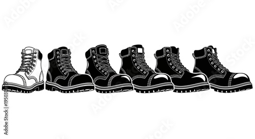 Collection of Work Boots: One White, Five Black, Isolated on White Background