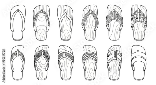 Collection of Wooden Flip-Flop Designs, Top and Side Views, Line Art