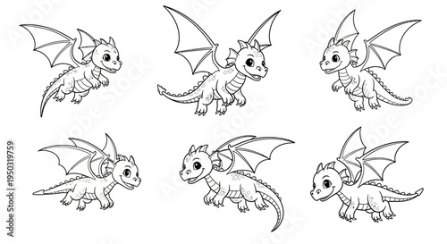 Cute Baby Dragons Flying and Walking, Black and White Line Art Vector Illustration Set