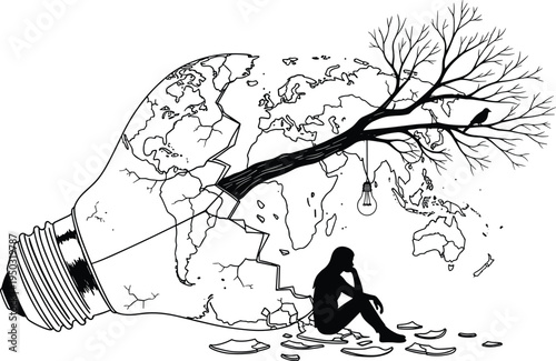 Cracked Light Bulb World Map with Tree and Silhouette Person broken