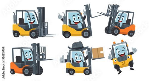 Cute Forklift Characters Set: Happy, Winking, Thumbs Up, Hat, Carrying Box, Working