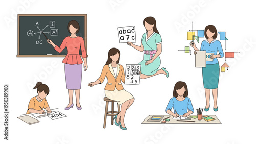 Education and Learning: A compilation of educational scenes showcases a dedicated instructor in various teaching environments.