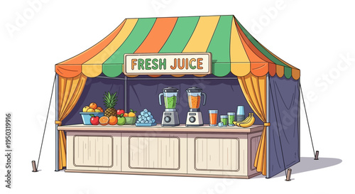Fresh Juice Stand at a Fair or Market with Fruits and Blenders