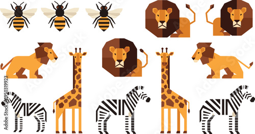 Wildlife Safari Animal Vector Icon Set Featuring Bees, Lions, Giraffes, and Zebras for African Wildlife and Safari Designs