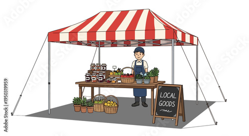 Local goods stall with farmer selling fresh produce and jars at outdoor market