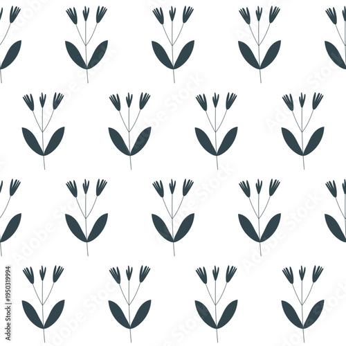 seamless botanical pattern with plants in monochrome palette on a white background.