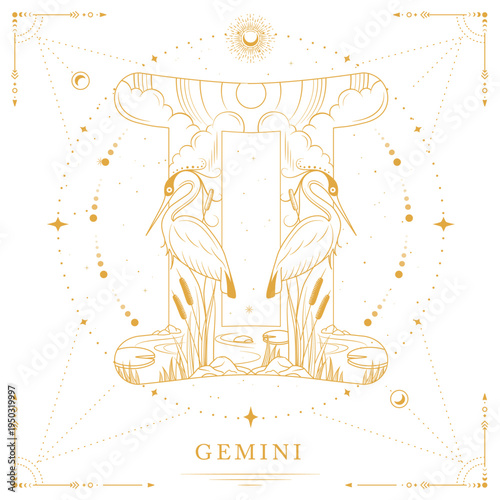 Modern magic witchcraft card with astrology Gemini zodiac sign on space background. Line art vector illustration