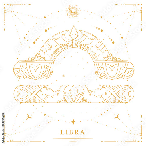Modern magic witchcraft card with astrology Libra zodiac sign on space background. Line art vector illustration