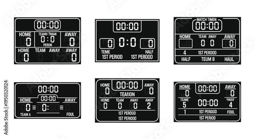 Set of Six Digital Scoreboards for Sports Games, Isolated on White Background